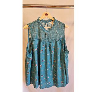Arizona Blue Floral Sleeveless High Collar Top Juniors Plus 2X